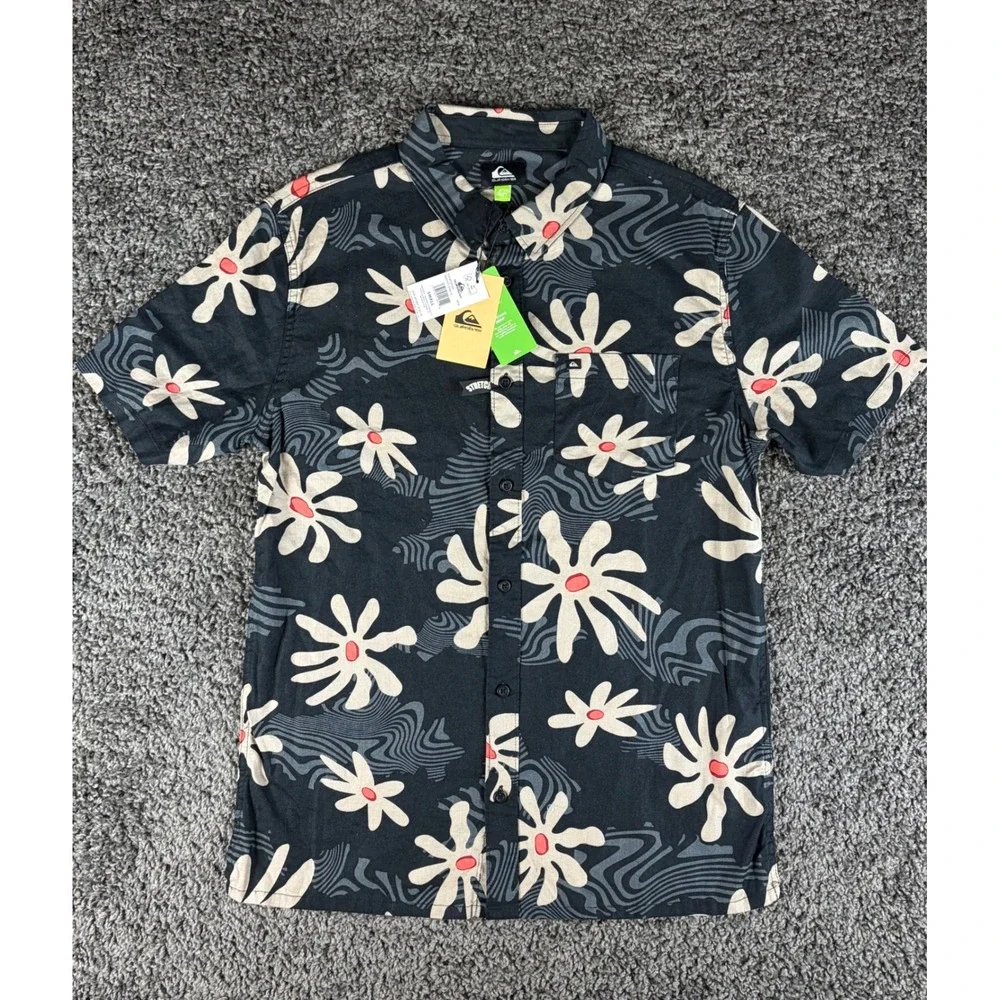 Quiksilver Trippy Floral Button Down Shirt Black Hemp Cotton EQYWT04503 Mens S